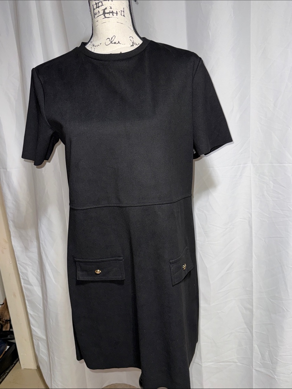 Zara Black Short-Sleeve A-Line Dress with Pocket Flaps